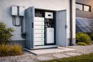 magazyn energii na zewnątrz przy budynku instalacja fotowoltaiczna system magazynowania energii obudowa zewnętrzna
