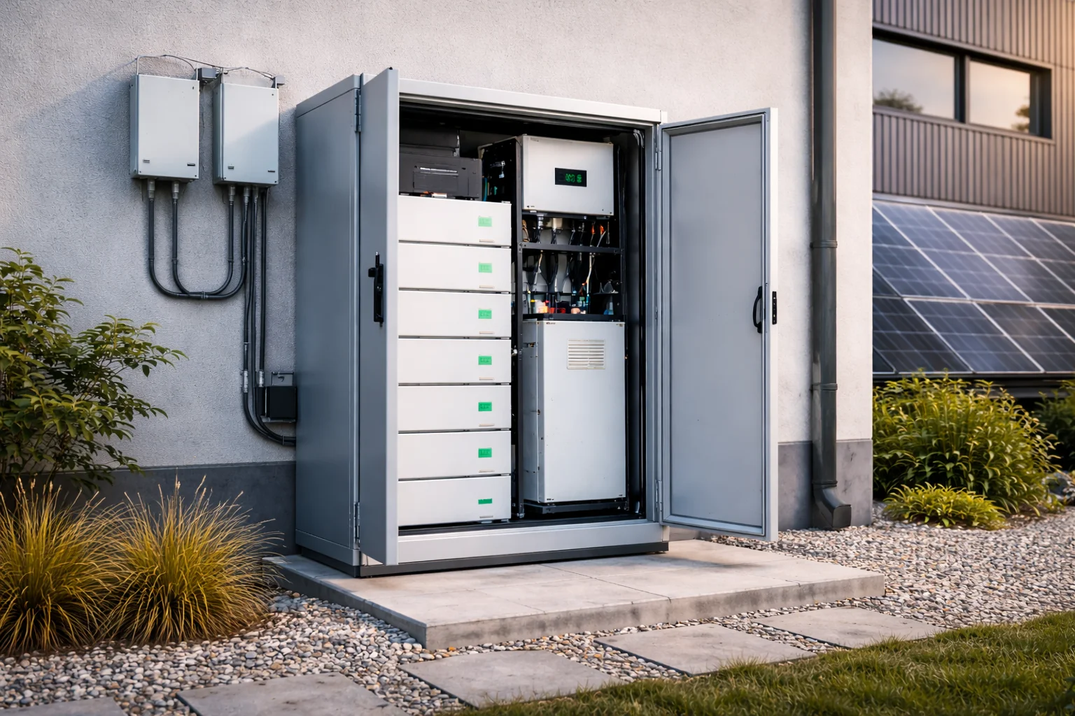 magazyn energii na zewnątrz przy budynku instalacja fotowoltaiczna system magazynowania energii obudowa zewnętrzna