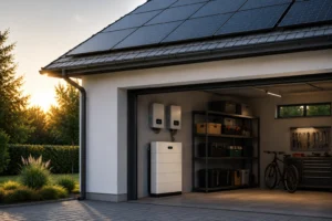 Nowoczesny magazyn energii LiFePO4 zamontowany w garażu domu jednorodzinnego z instalacją fotowoltaiczną na dachu – przykład systemu kwalifikującego się do dofinansowania w 2026 roku