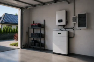 Falownik hybrydowy oraz magazyn energii zamontowane w garażu domu jednorodzinnego z instalacją fotowoltaiczną widoczną na dachu