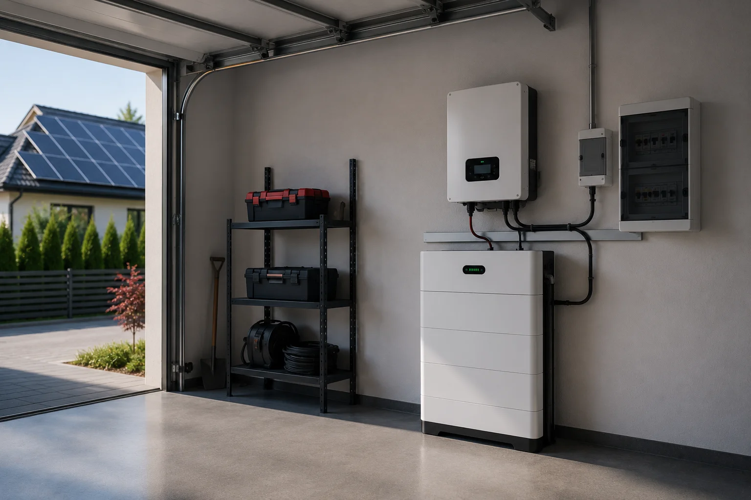 Falownik hybrydowy oraz magazyn energii zamontowane w garażu domu jednorodzinnego z instalacją fotowoltaiczną widoczną na dachu